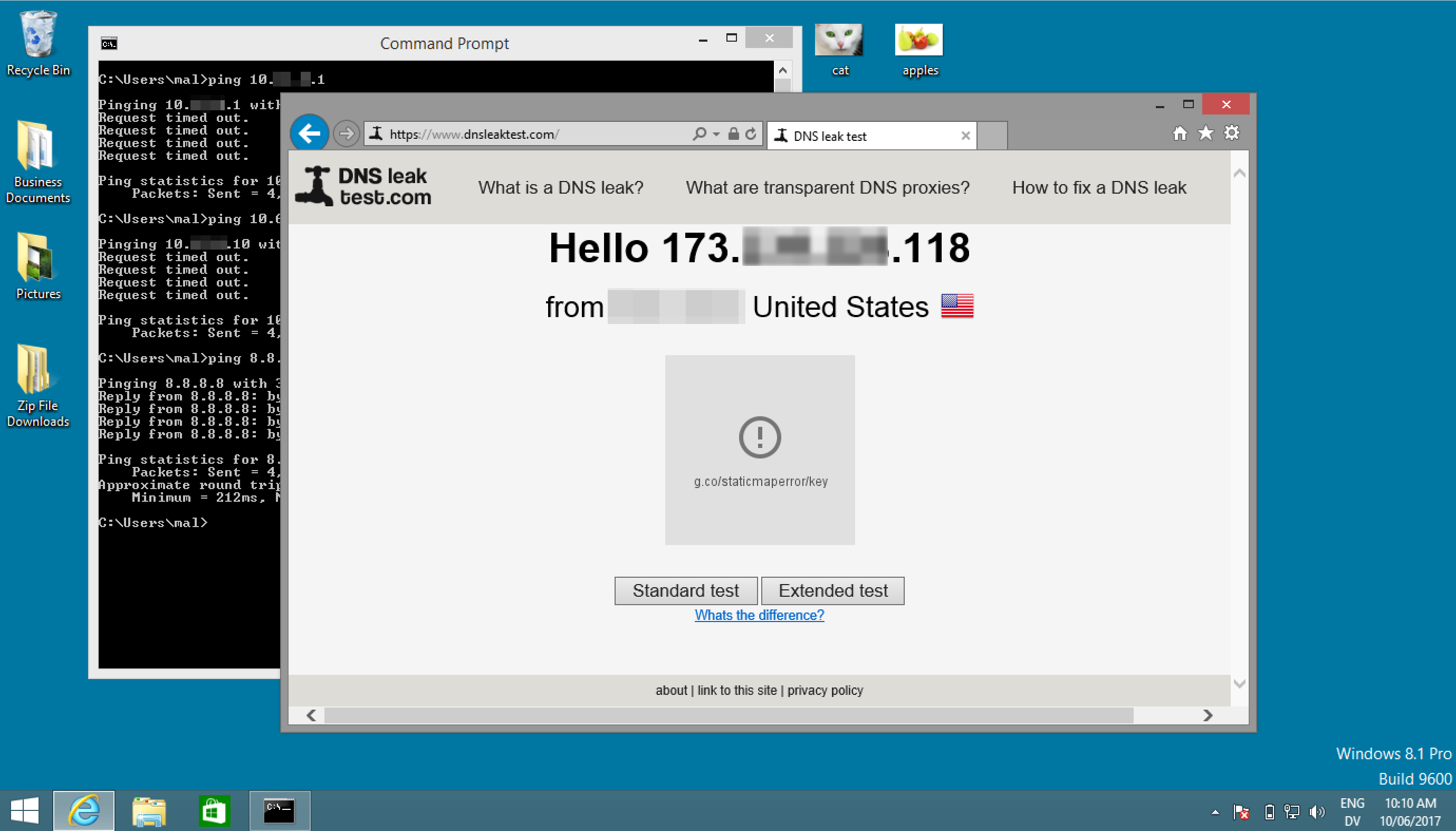A successfully isolated machine showing ping results and apparent IP address